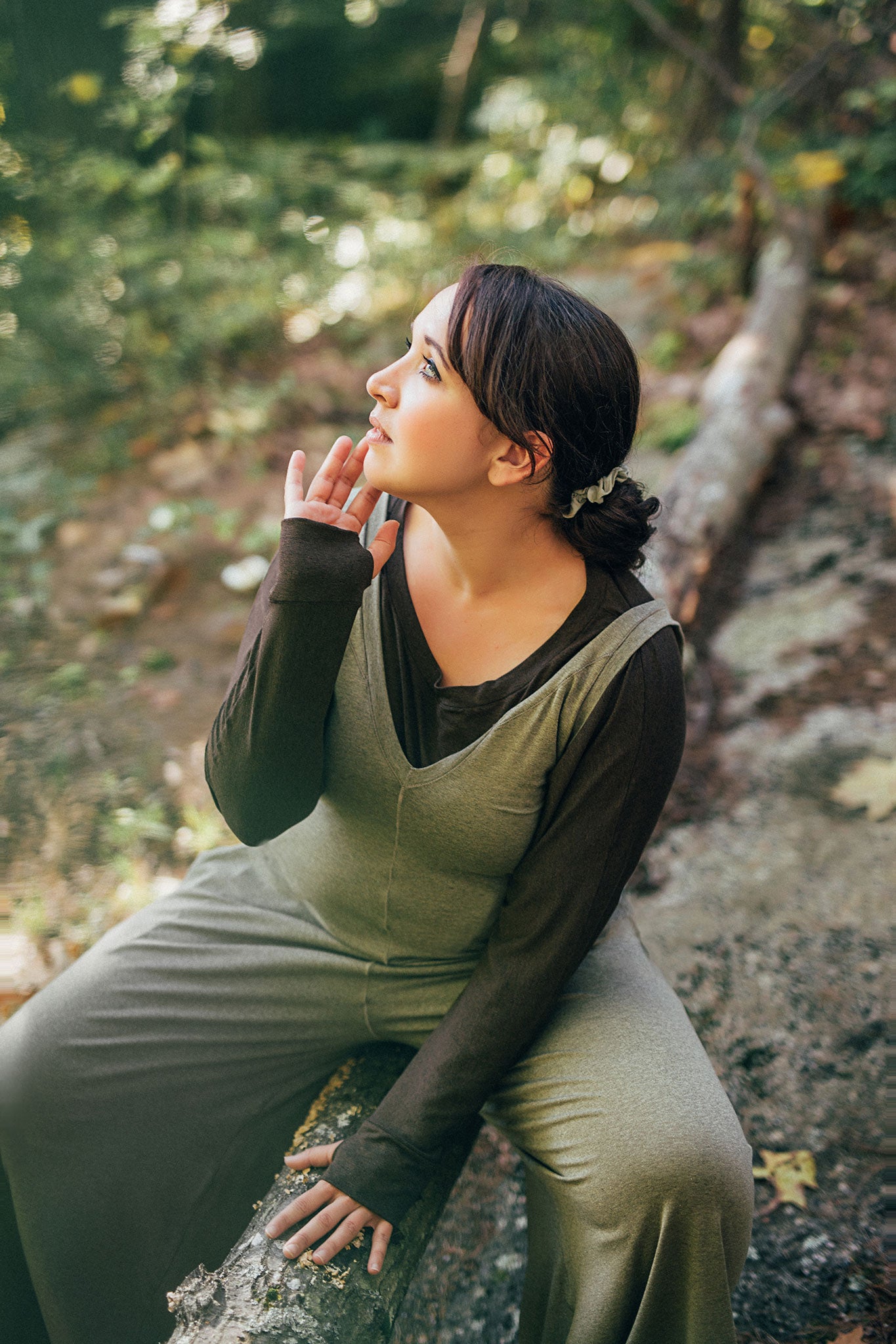 farmer jumpsuit in sage over pop top in espresso