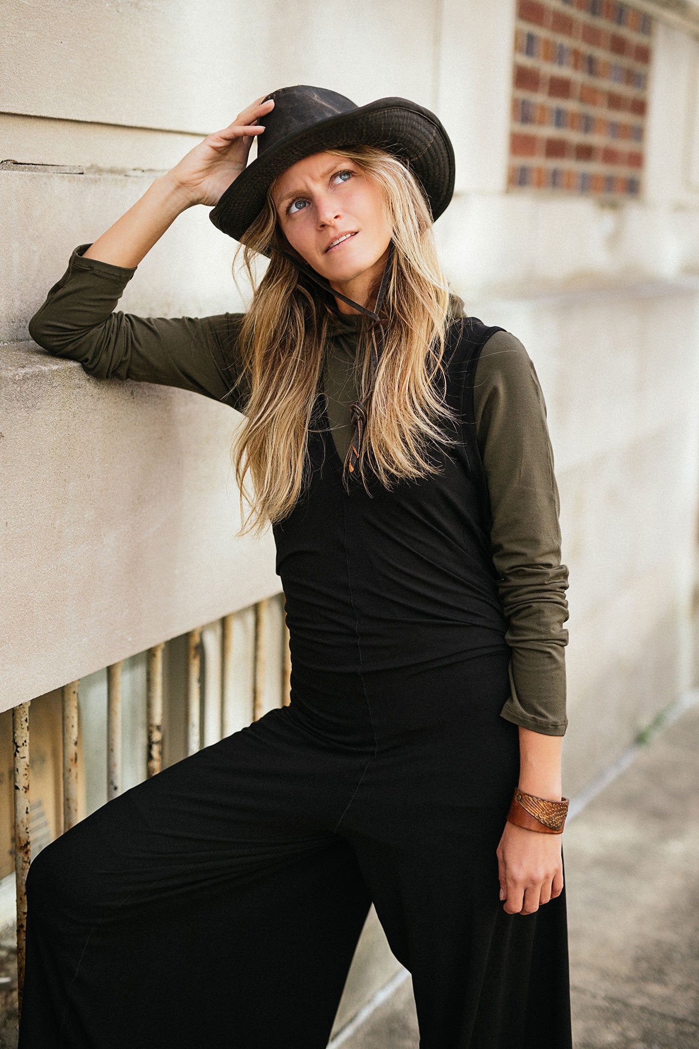 scuba hooded ski tunic in olive under black farmer jumpsuit