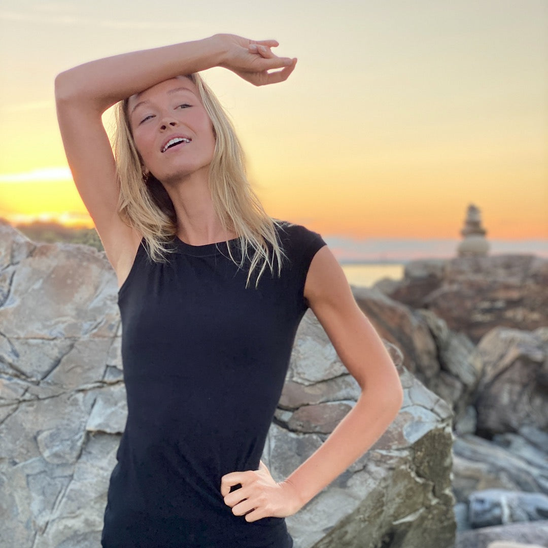 suger cozy cap tunic at sunset on the beaches of Maine