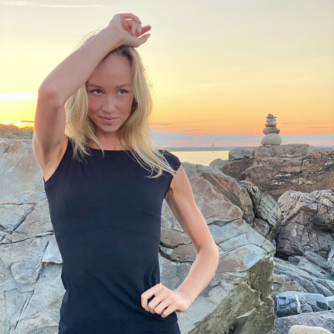suger cozy cap tunic at sunset on the beaches of Maine