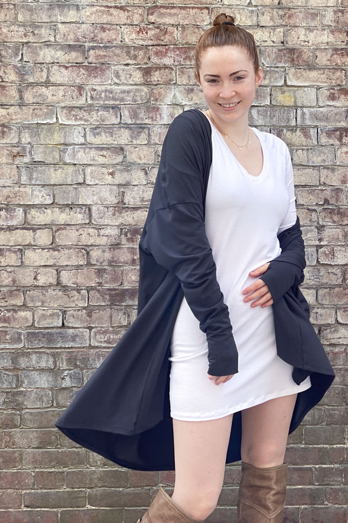 vital vneck tunic in white with coco jacket in carbon
