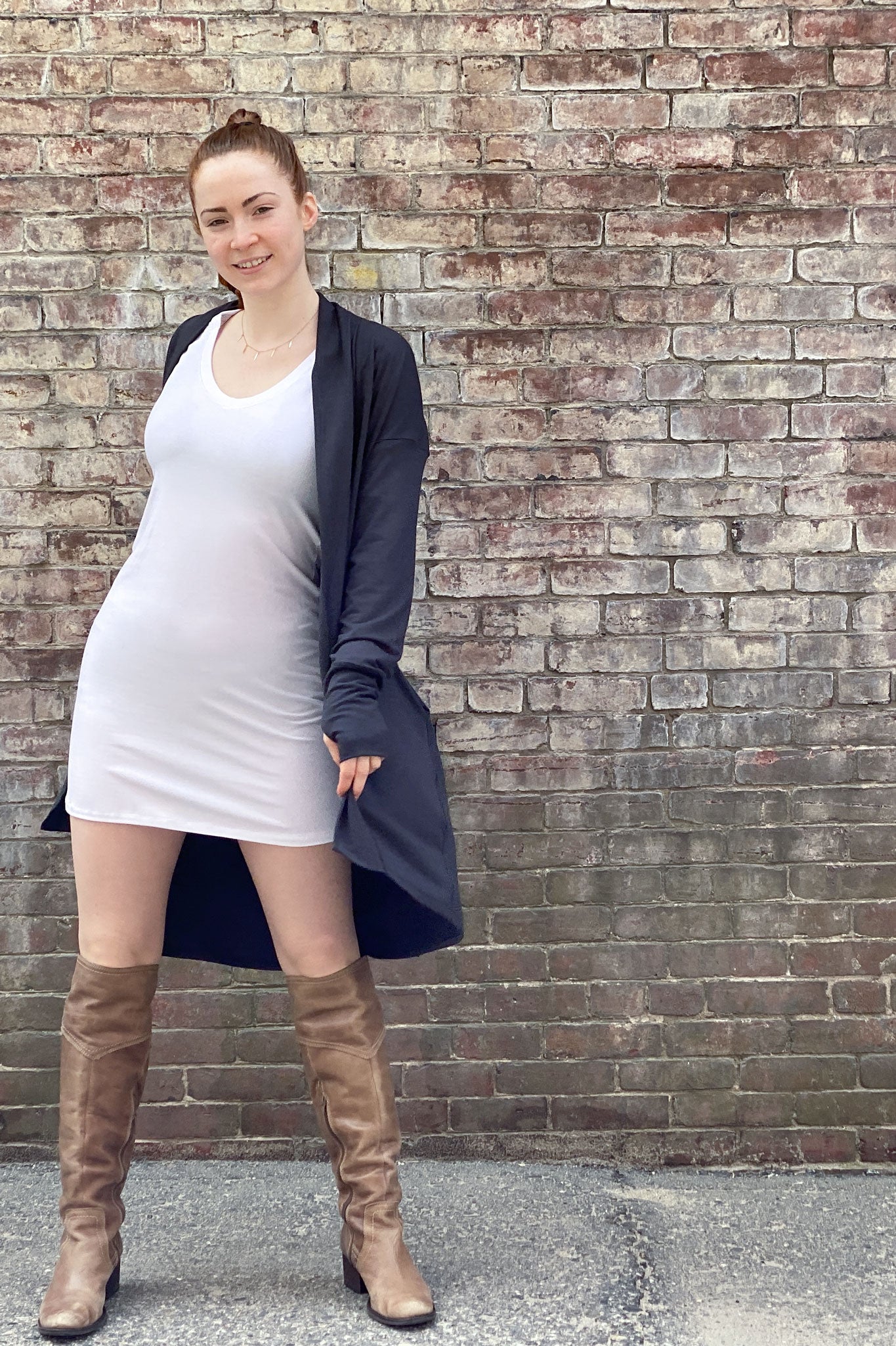 vital vneck tunic in white with coco jacket in carbon