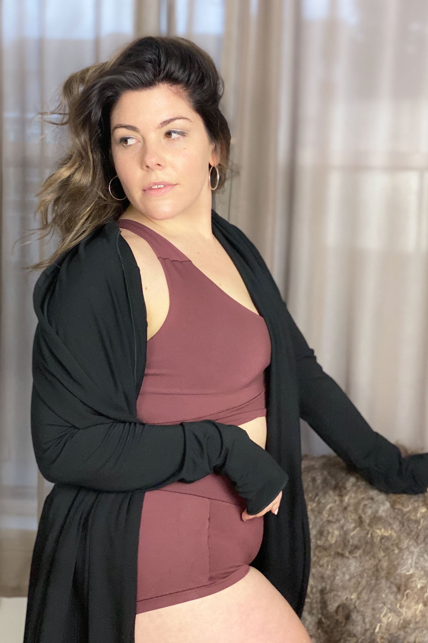 lush brief + balance bra with the black garden coat