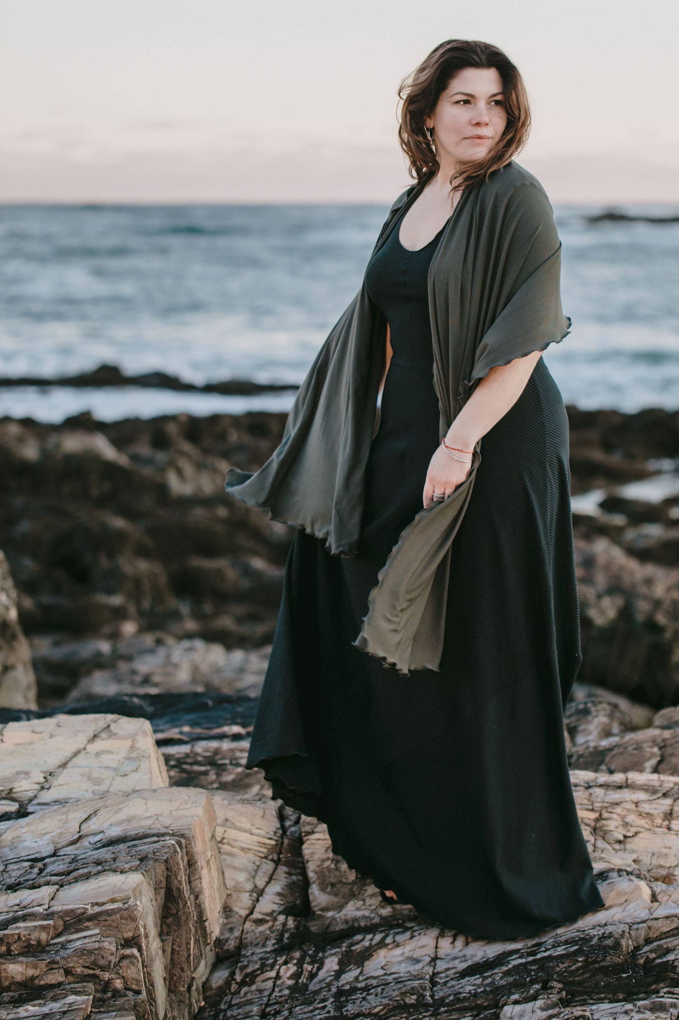gleam bias vneck gown in subtle black + ore shawl