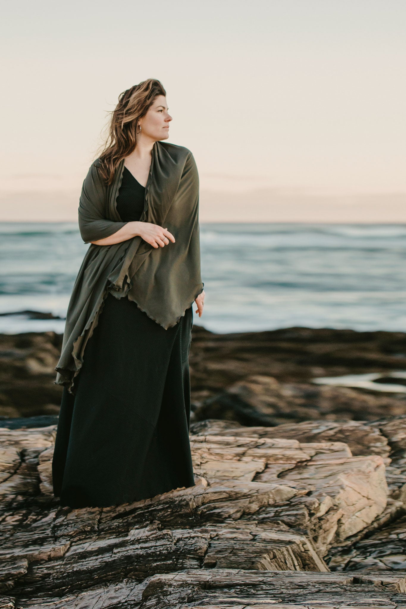 gleam bias vneck gown in subtle black + ore shawl