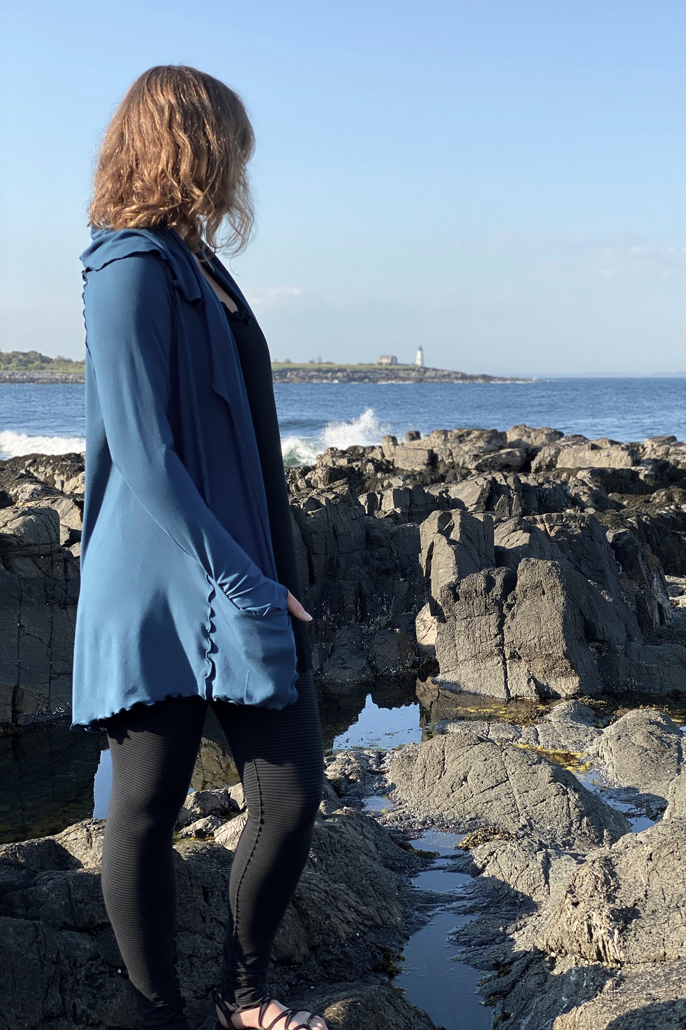 subtle black stripe playsuit with our lake cardi jacket