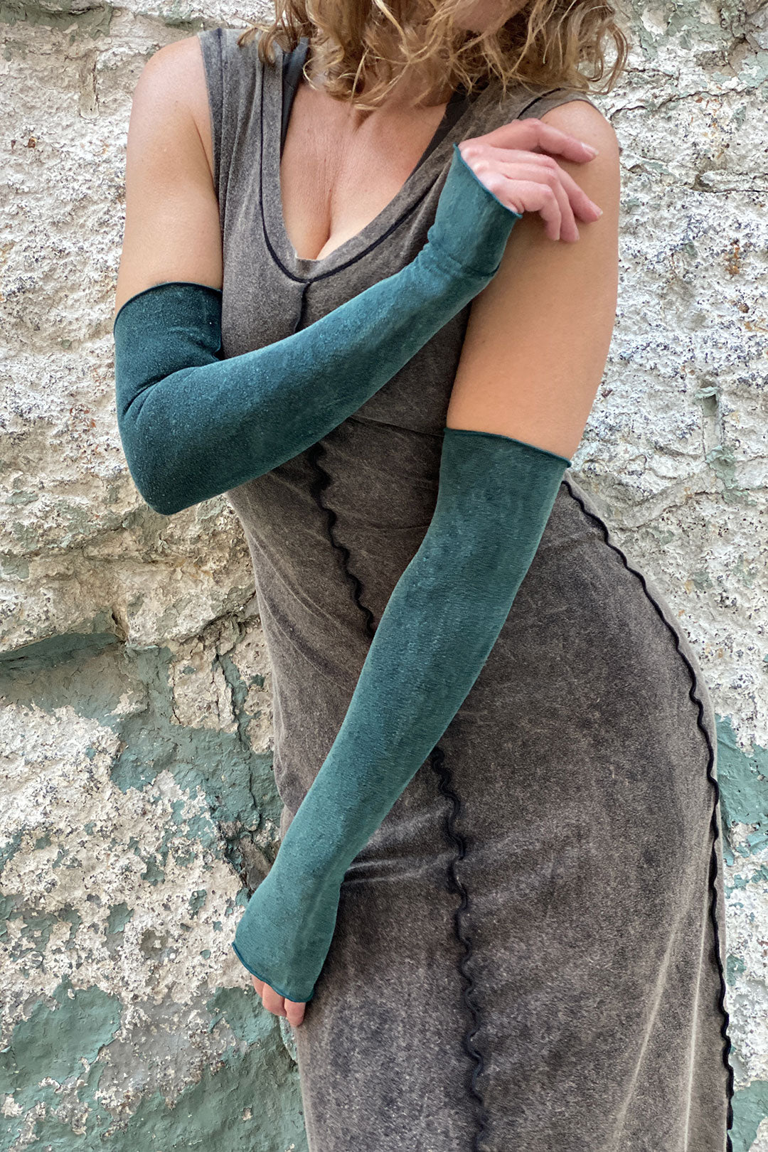 angelrox opera sleeves in blue mineral with mineral goddess dress