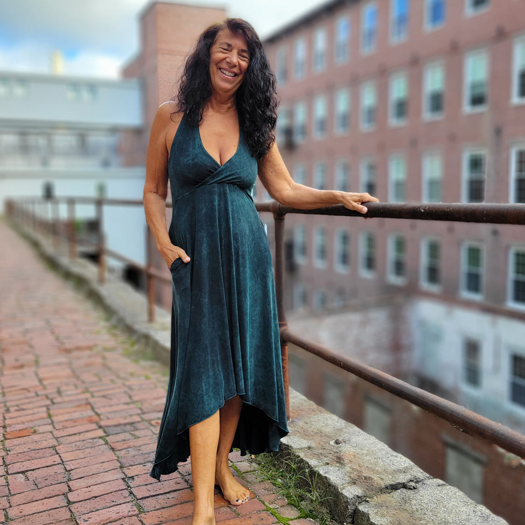 harmony vneck halter dress in blue mineral