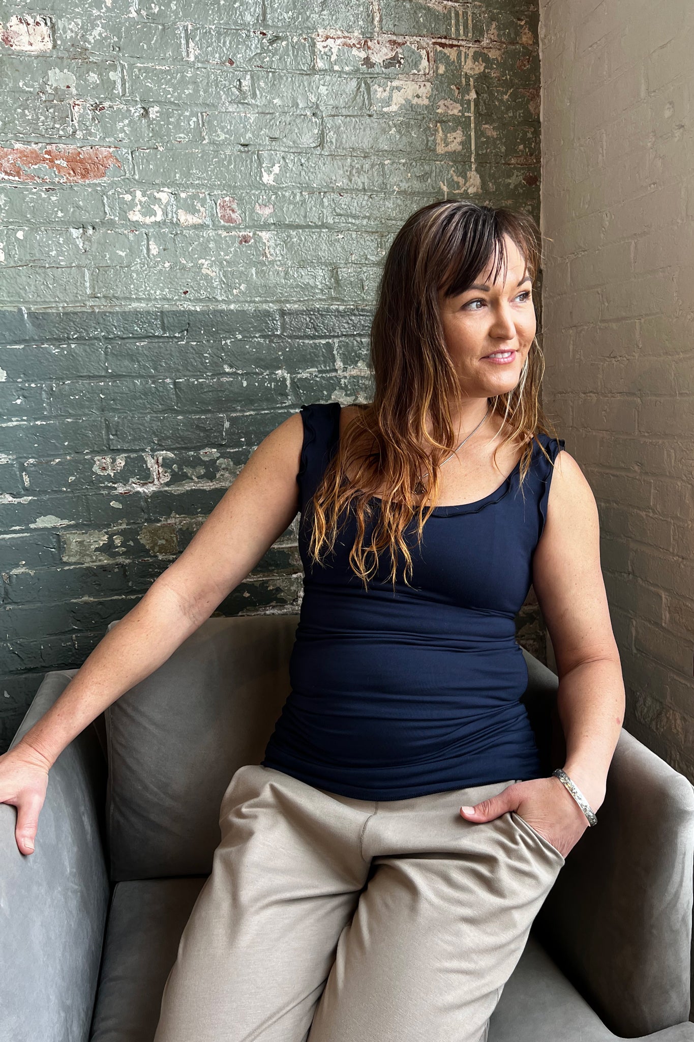 angelrox® wifey tank mini dress in navy styled with clay jogger