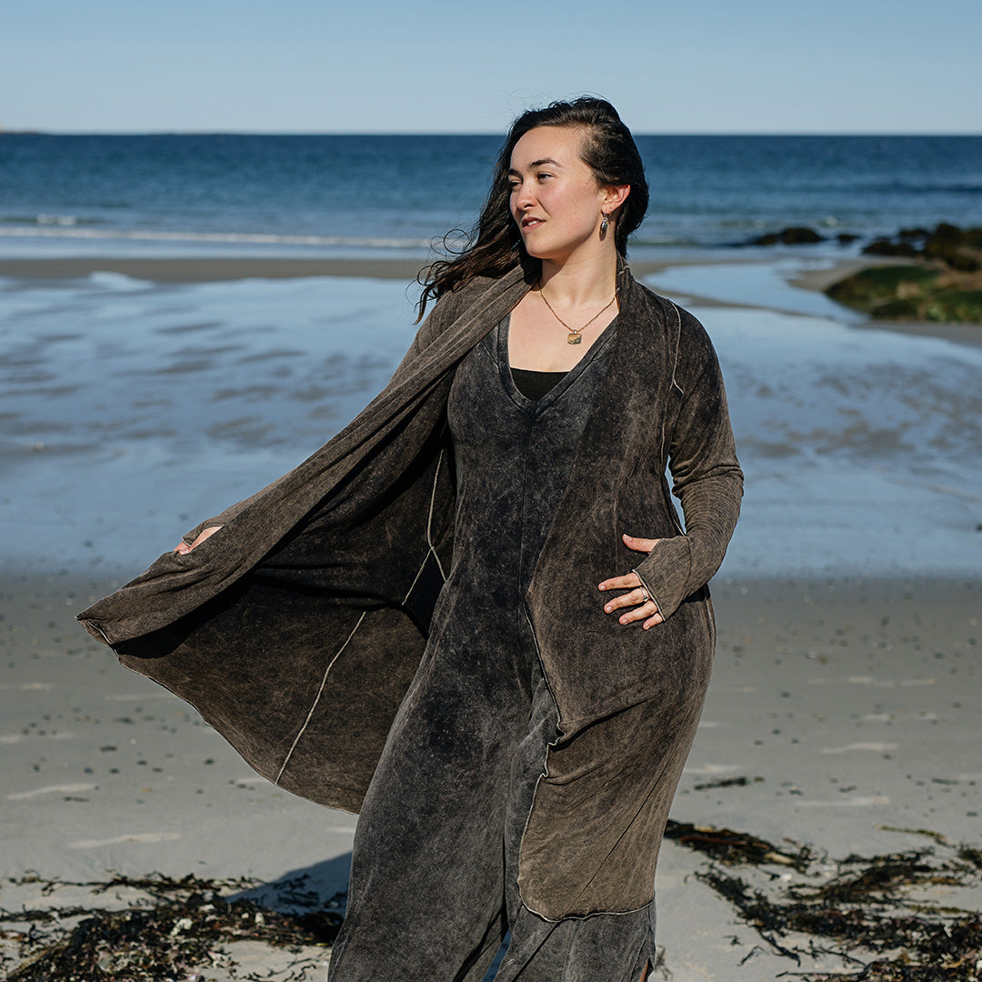 garden coat in warm mineral worn over farmer in mineral