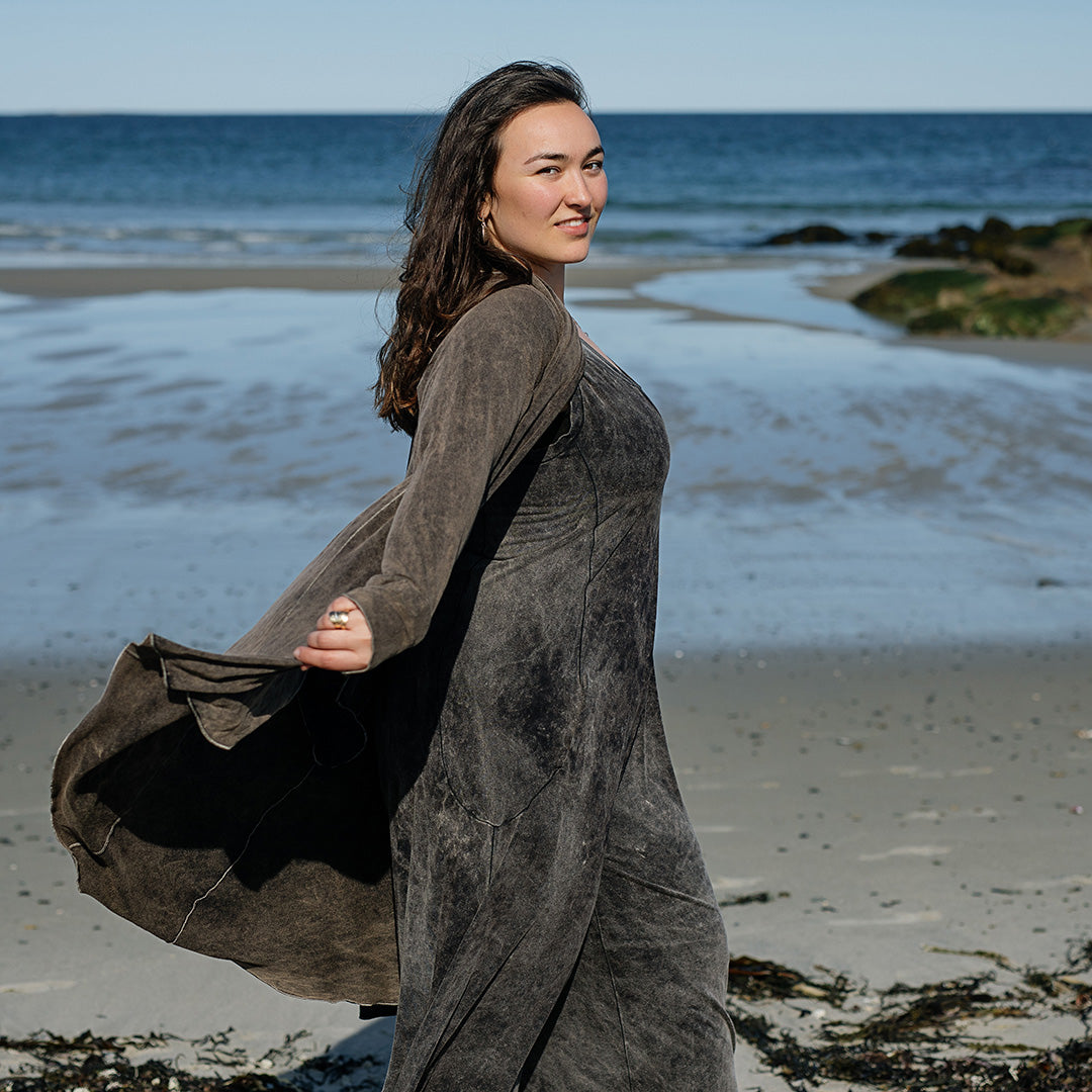 garden coat in warm mineral worn over farmer in mineral