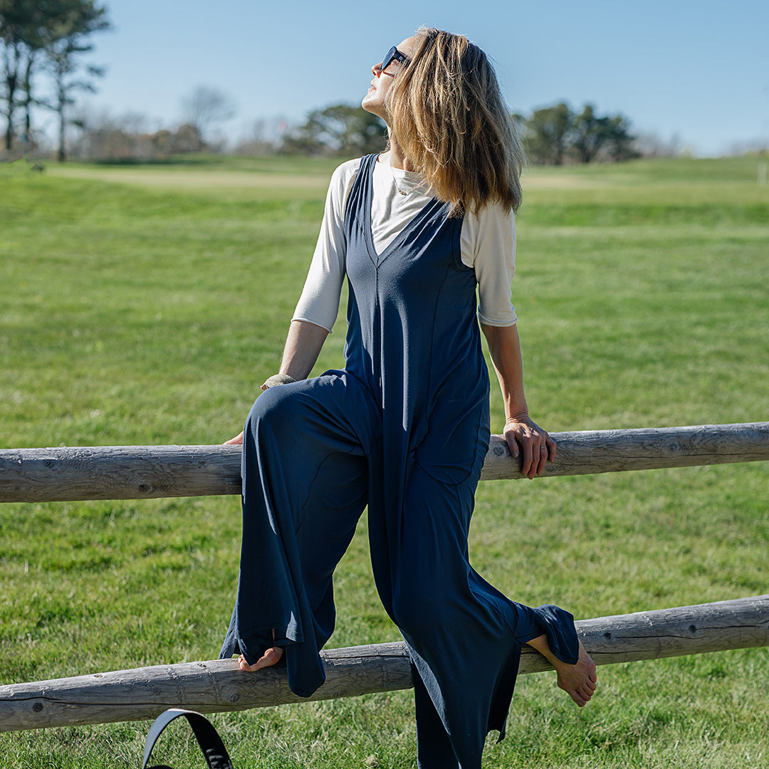 SUGER® farmer jumpsuit in ocean + white rose shirt