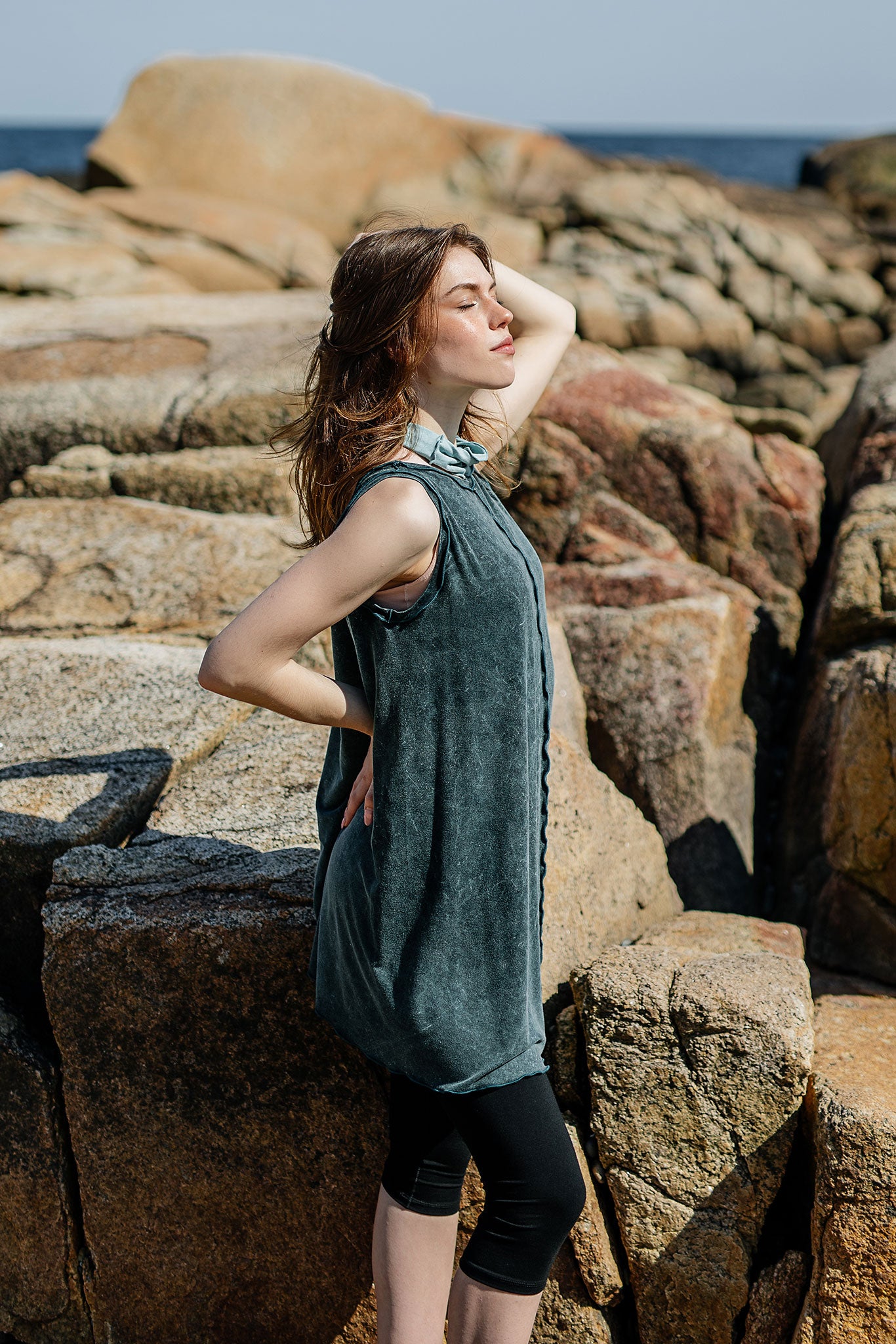 shift tunic tank in blue mineral + black capri