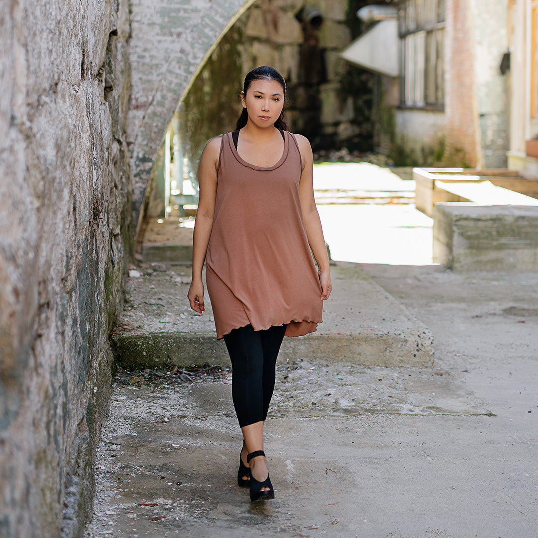capri base legging in black paired with shift tunic in cedar