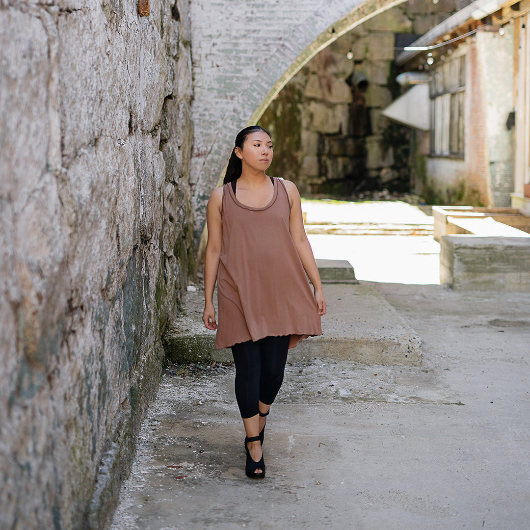 angelrox® shift tunic tank in cedar styled with black capri + black base