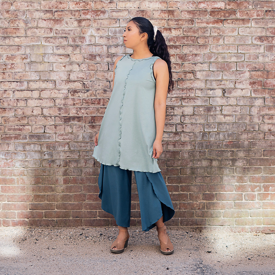 petal pant in ocean paired with shift tank in glass worn reversed