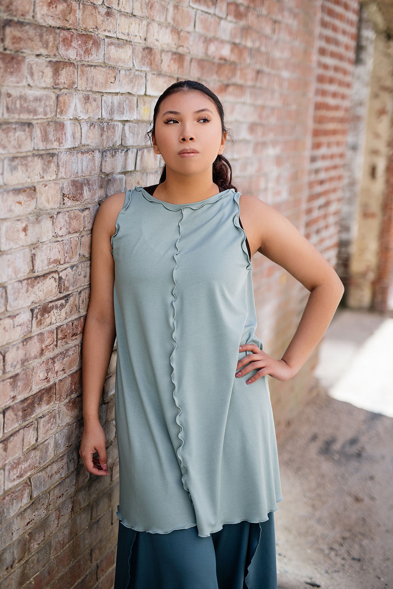 shift tunic tank in glass worn reversed; paired with petal pant in ocean