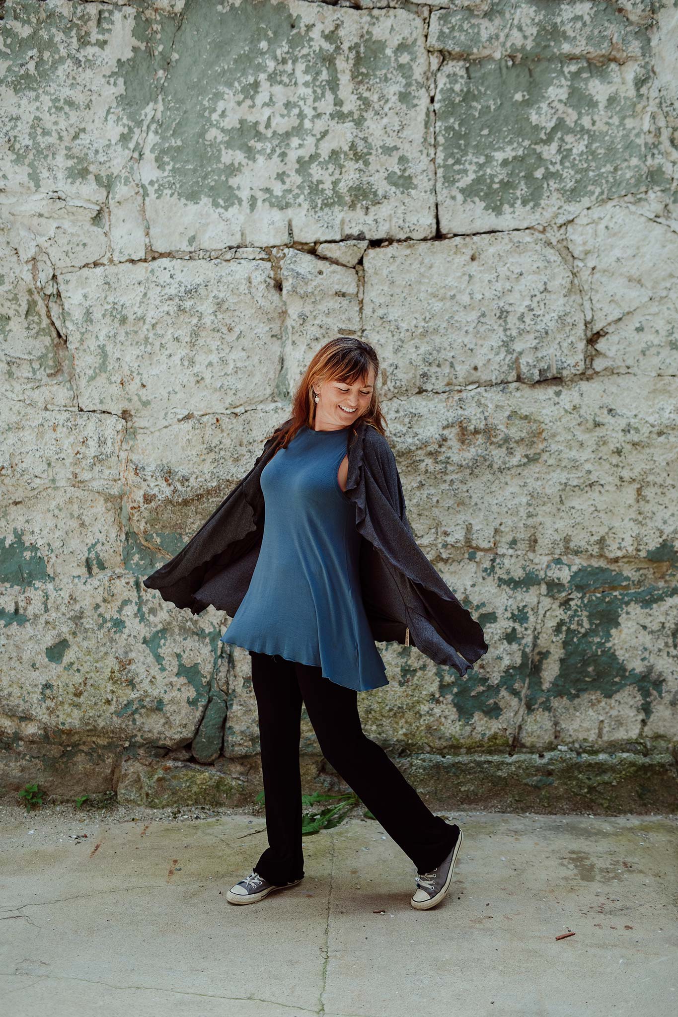 suger trouser in black with daisy tank in ocean and river jacket in charcoal