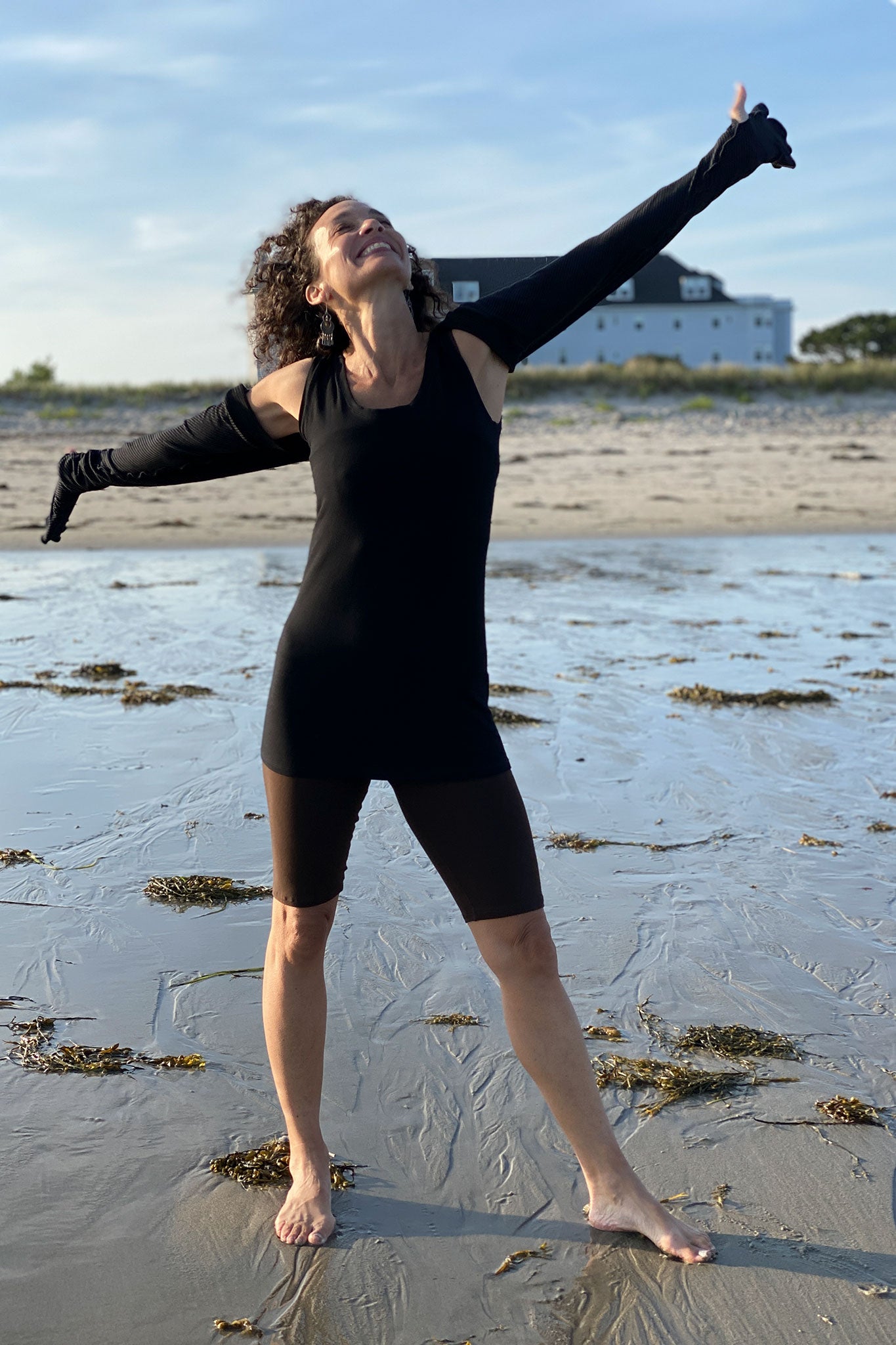 subtle black stripe shrug with our black core + peat hiker- love + joy