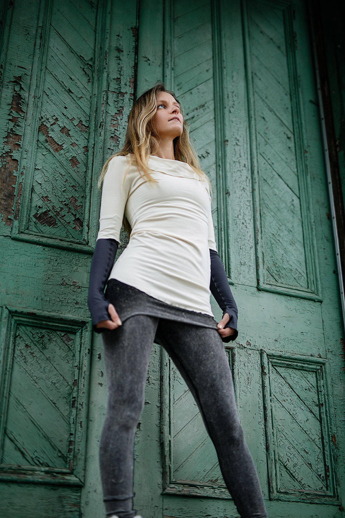 grace cowl neck top in milk with carbon opera sleeves and mineral playsuit