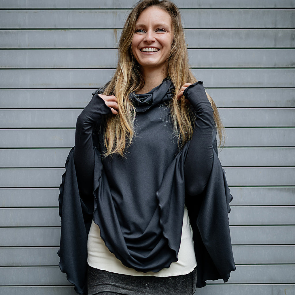 lady flirt in carbon as a poncho with carbon opera sleeves