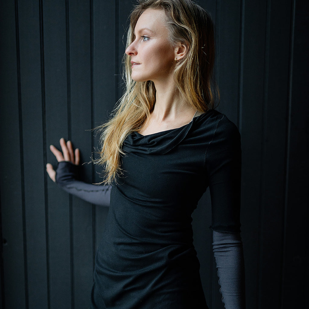grace cowl neck top in black with carbon opera sleeves