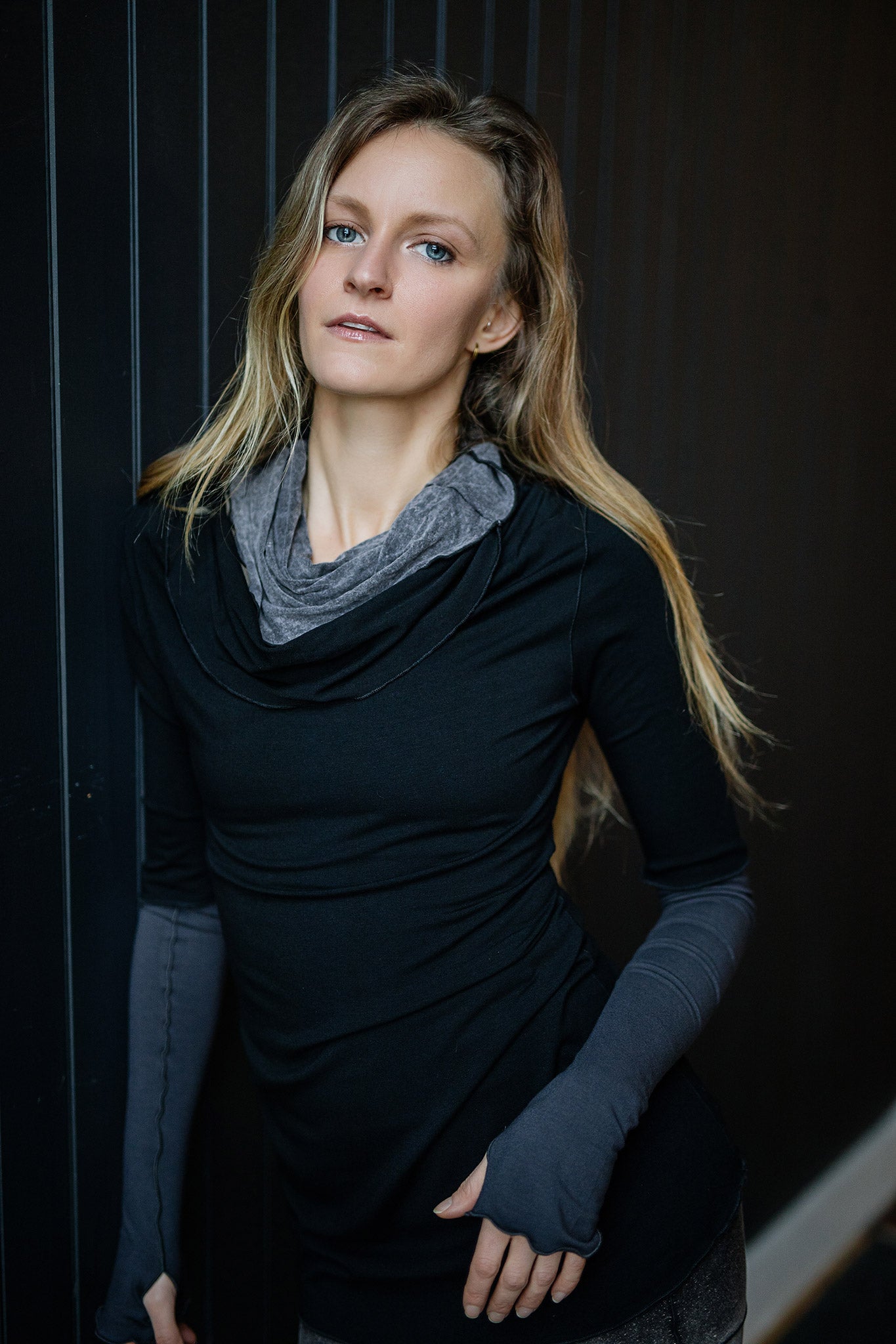 grace cowl neck top in black with carbon opera sleeves and mineral hourglass