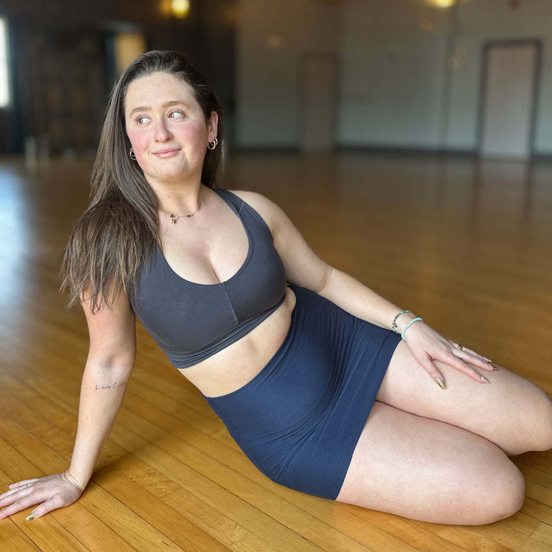 suger® pinup shaper in navy styled with carbon balance bra