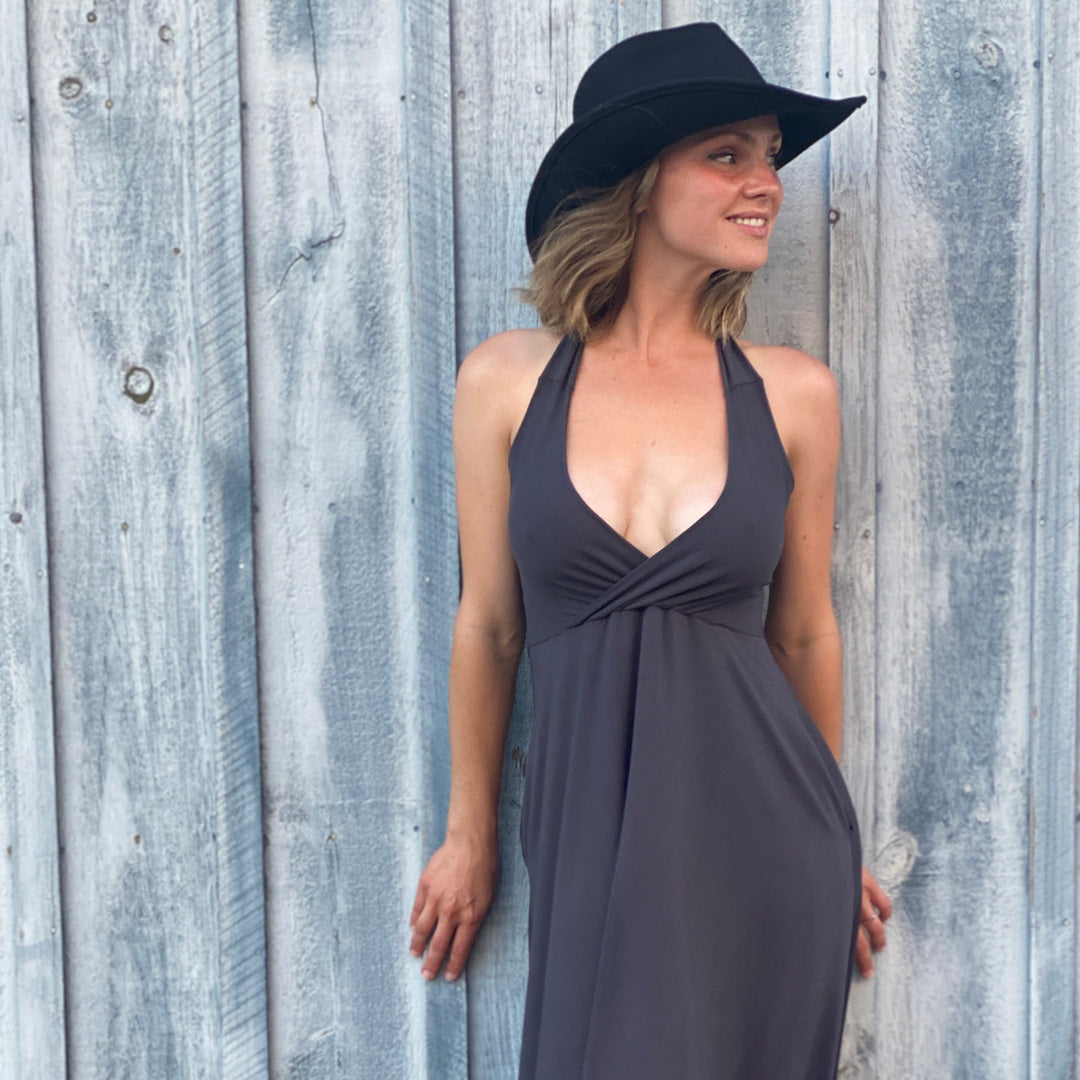 harmony vneck halter dress in carbon