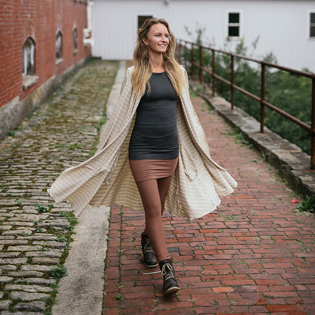 garden coat in dune over cap t in granite and playsuit in cedar
