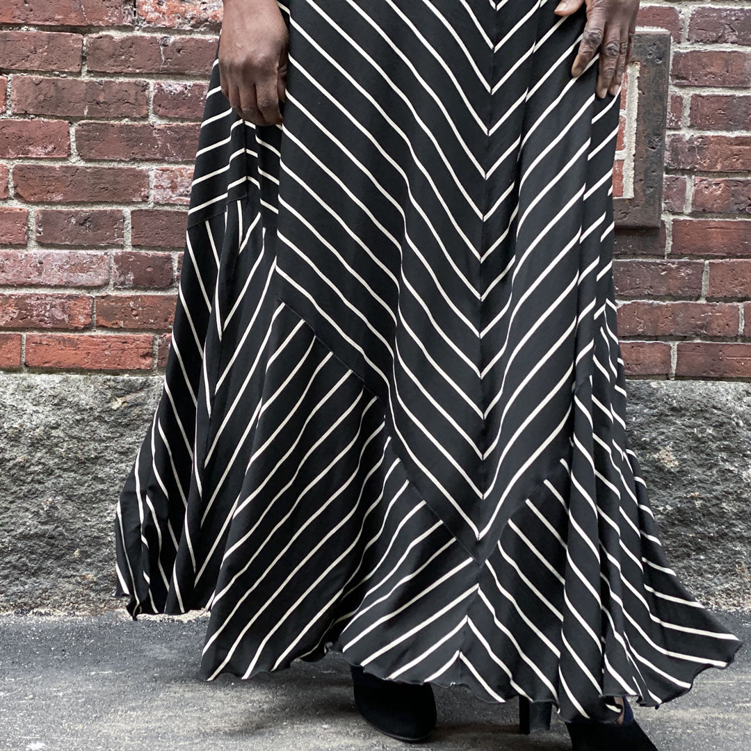 gleam bias vneck gown in black + white stripe
