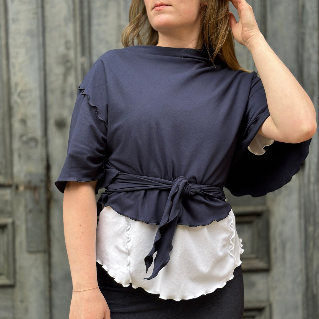 angelrox® flutter summer jacket in navy styled over white sweet t