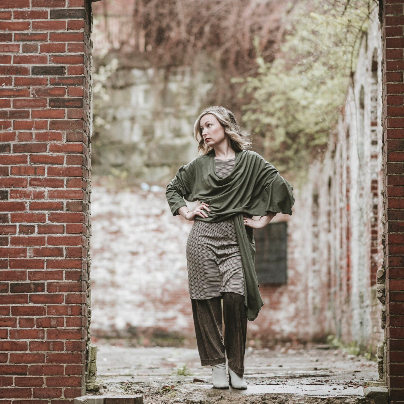 noble dress in earth stripe + wrap in moss bamboo