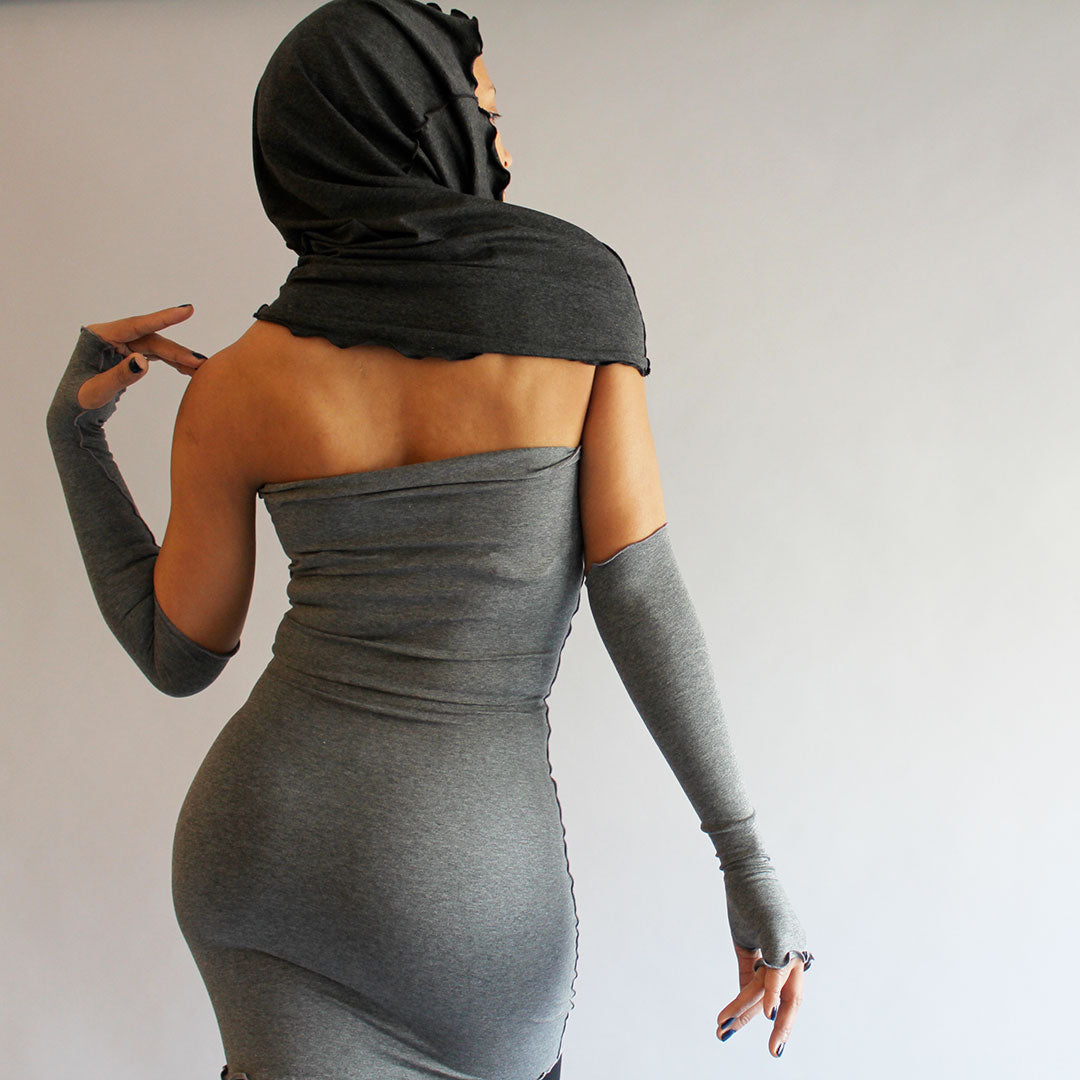 angelrox hourglass as hooded shrug in charcoal + sleek shaper dress in granite