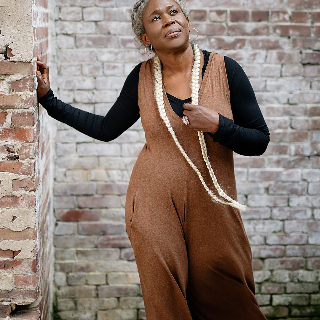 black vneck long sleeve worn under almond heather farmer