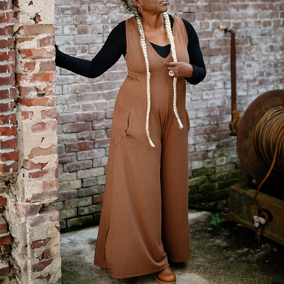 vneck long sleeve tunic in black under almond farmer jumpsuit