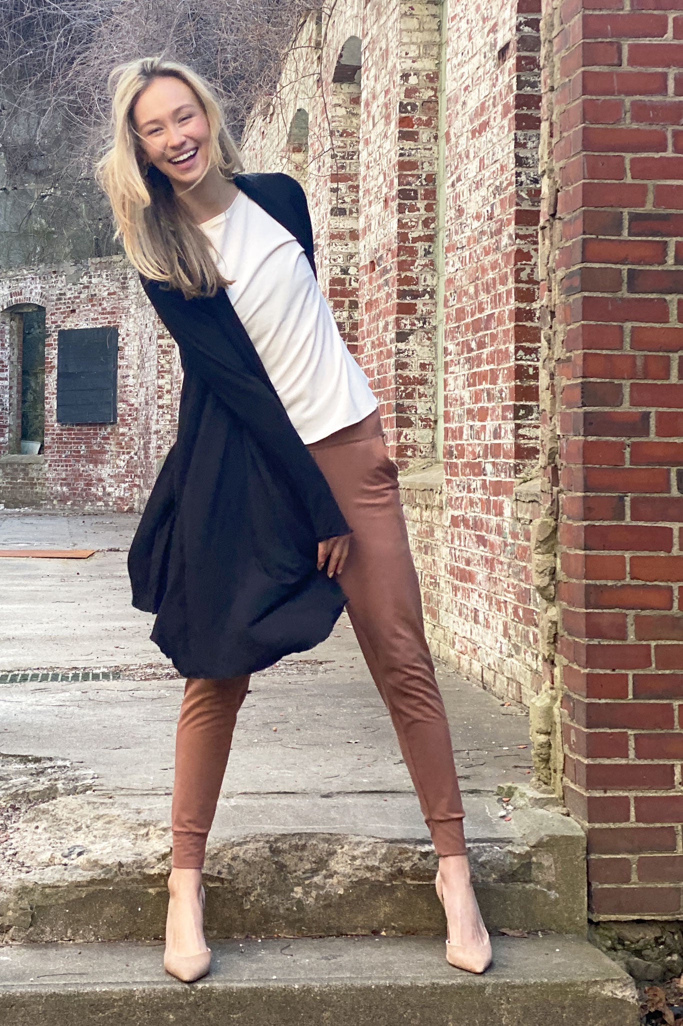 garden coat in black over rose top in milk with jogger in cedar