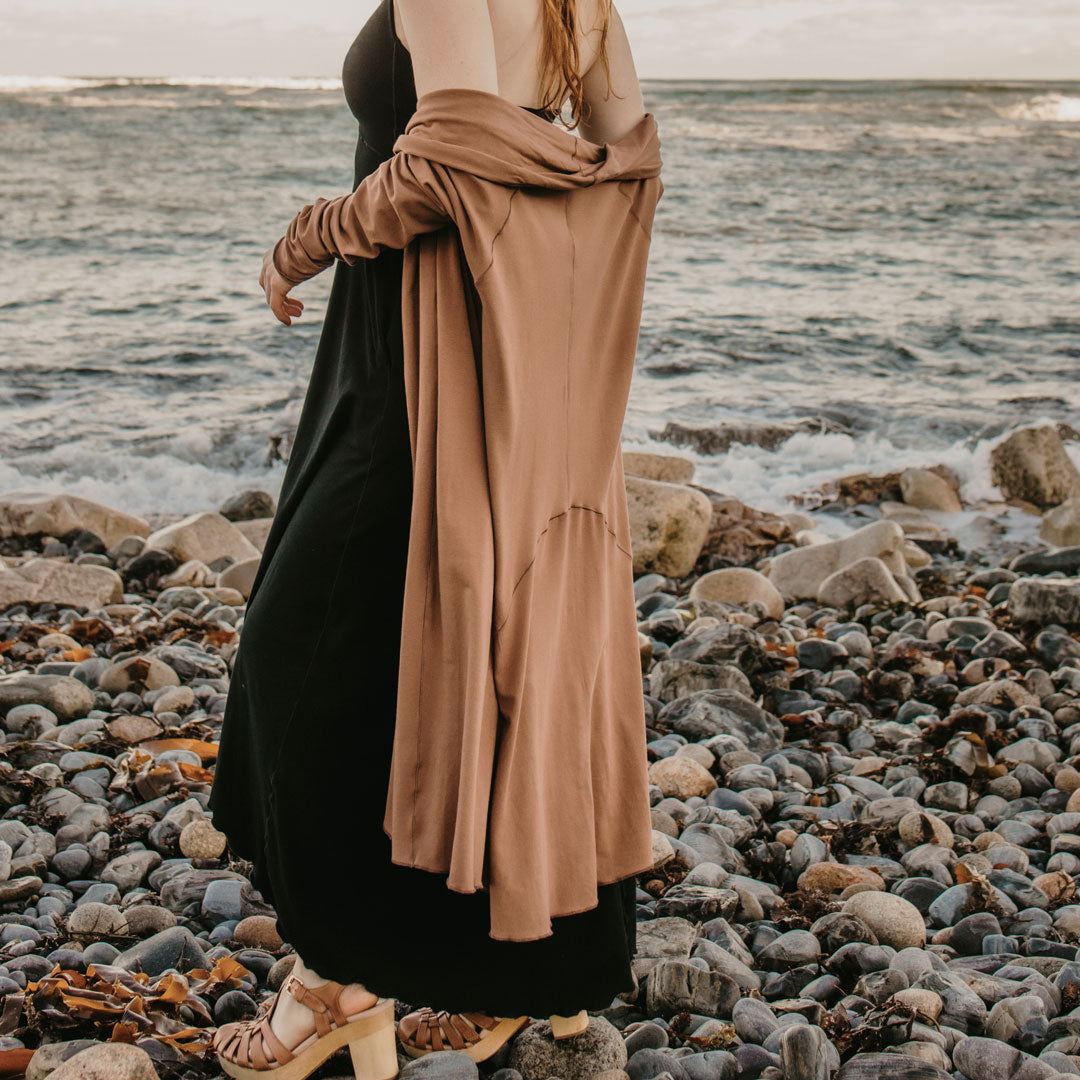 riding coat in cedar over black harmony dress