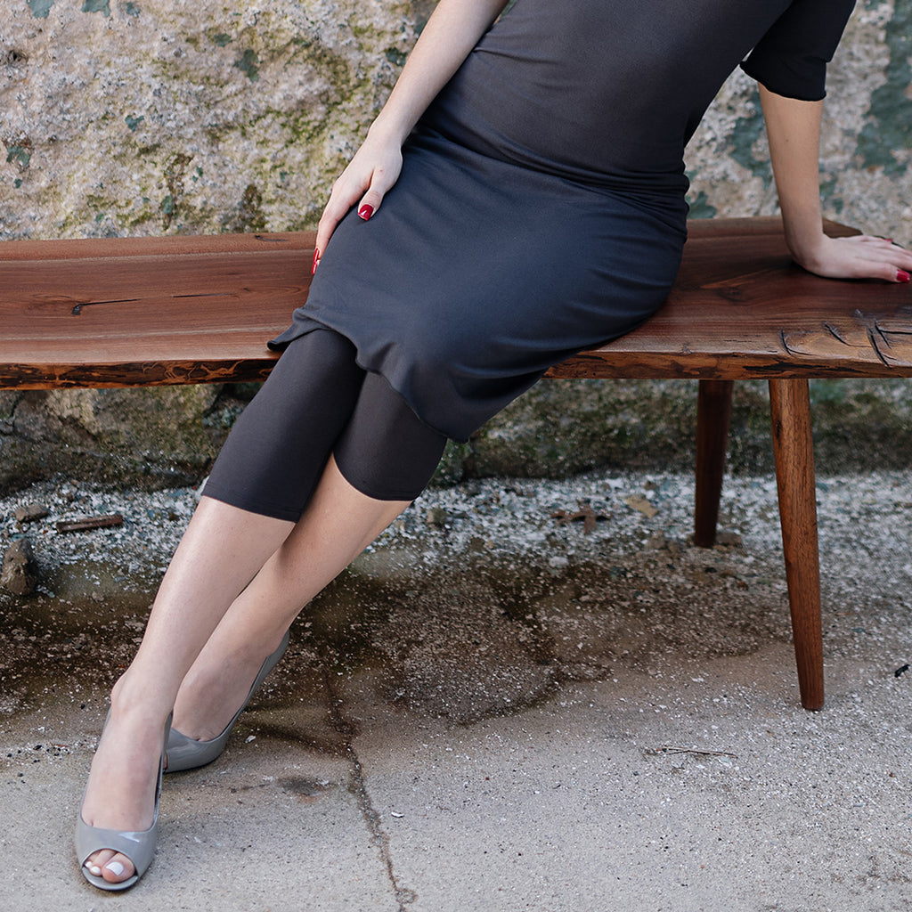 capri base legging in carbon with graceful dress in carbon