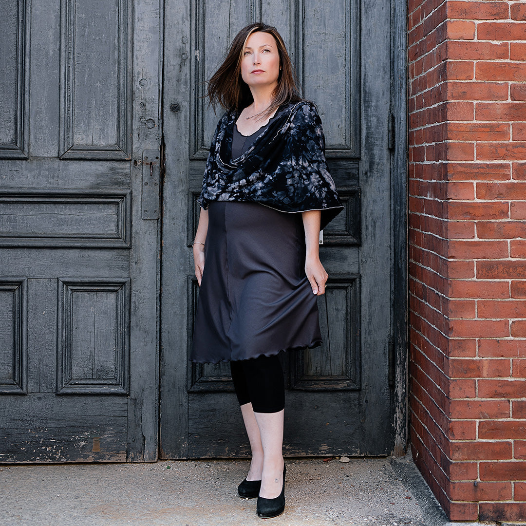 angelrox® flare bias vneck dress in carbon styled with crush loop