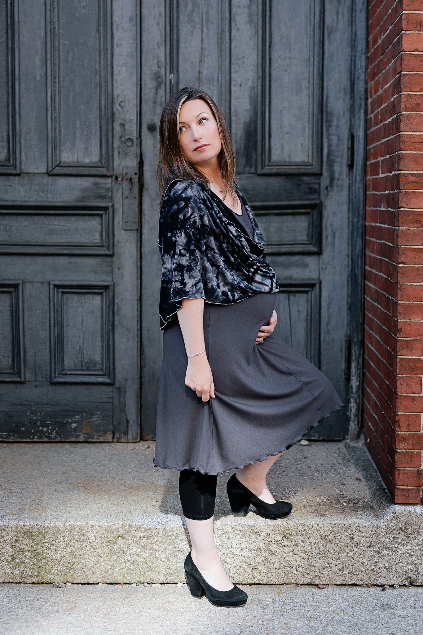 flare bias vneck dress in carbon + crush loop