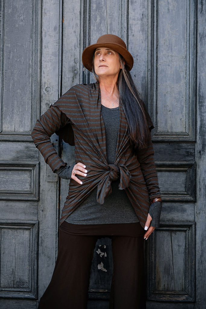 angelrox® cozy cardi in expresso styled with woodland shift top + peat swirlsuit