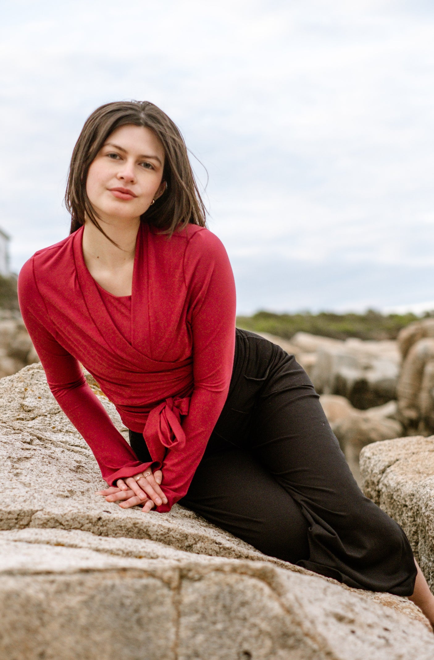 rappa jacket in ruby paired with black harlow