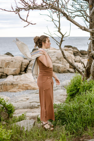 suger® shawl sandy beach worn with cedar hug + cedar harlow