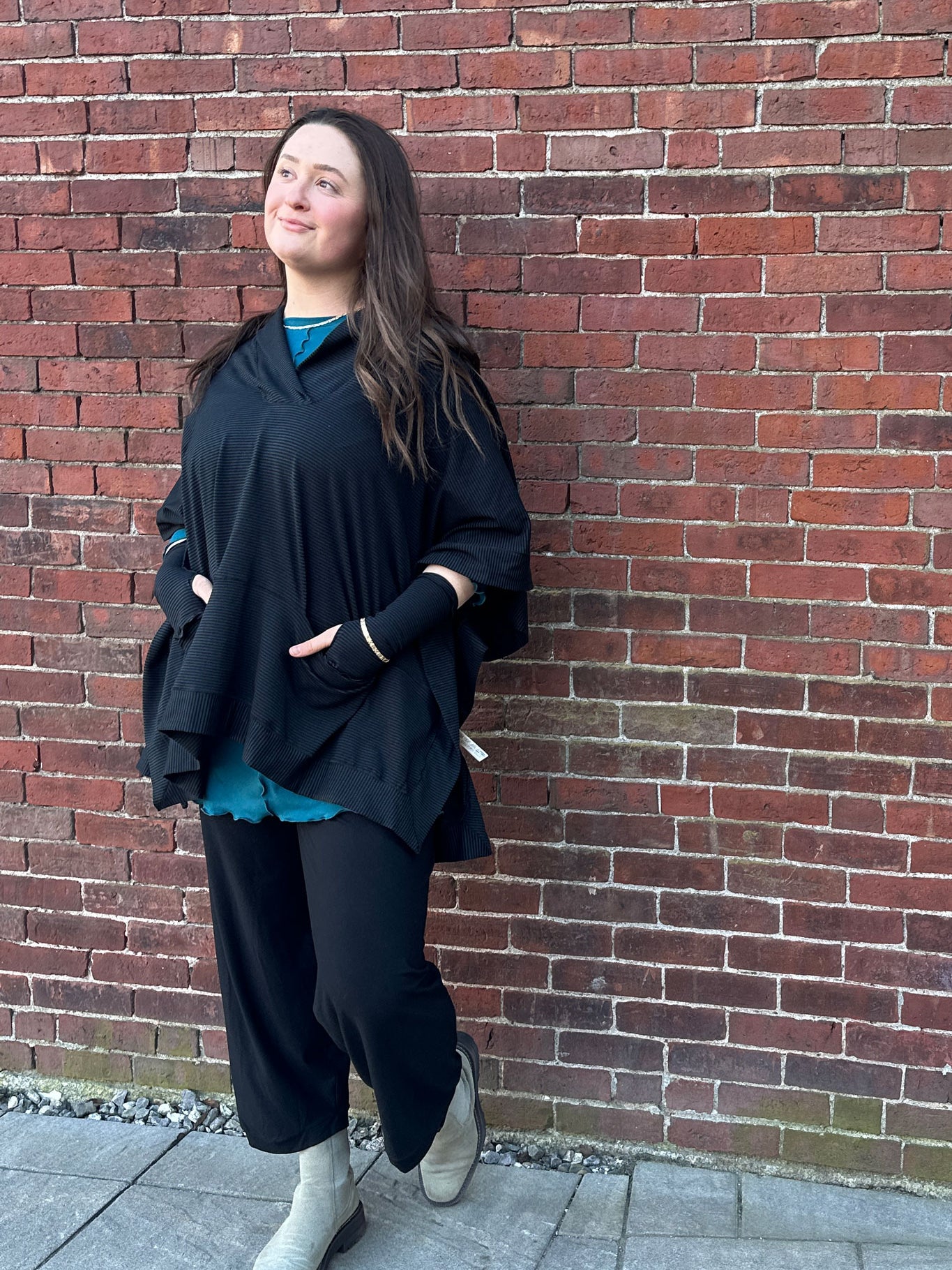 frida in subtle black stripe over swing top in azure bamboo with black bloom pant