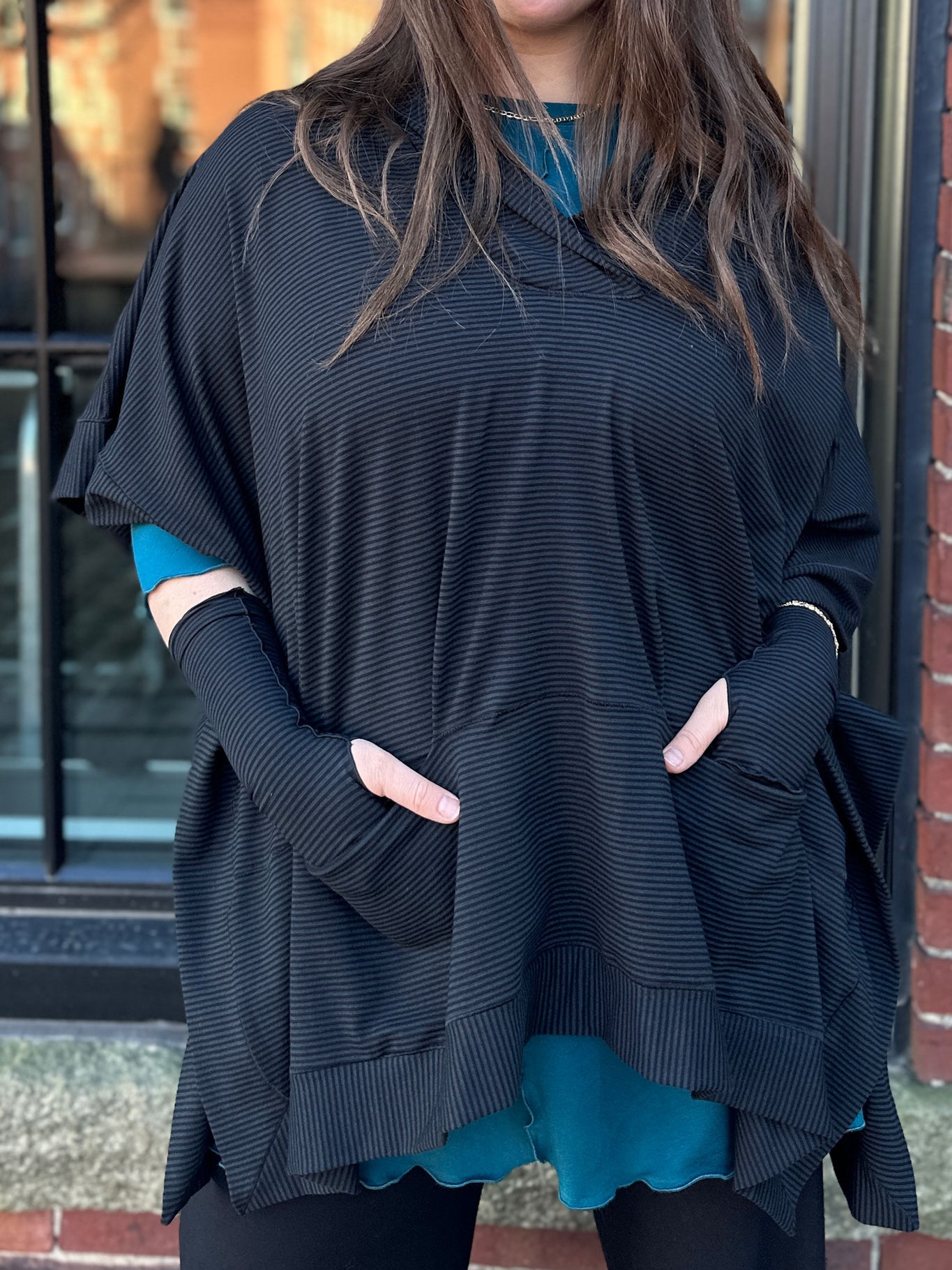 frida in subtle black stripe over swing top in azure bamboo with black bloom pant