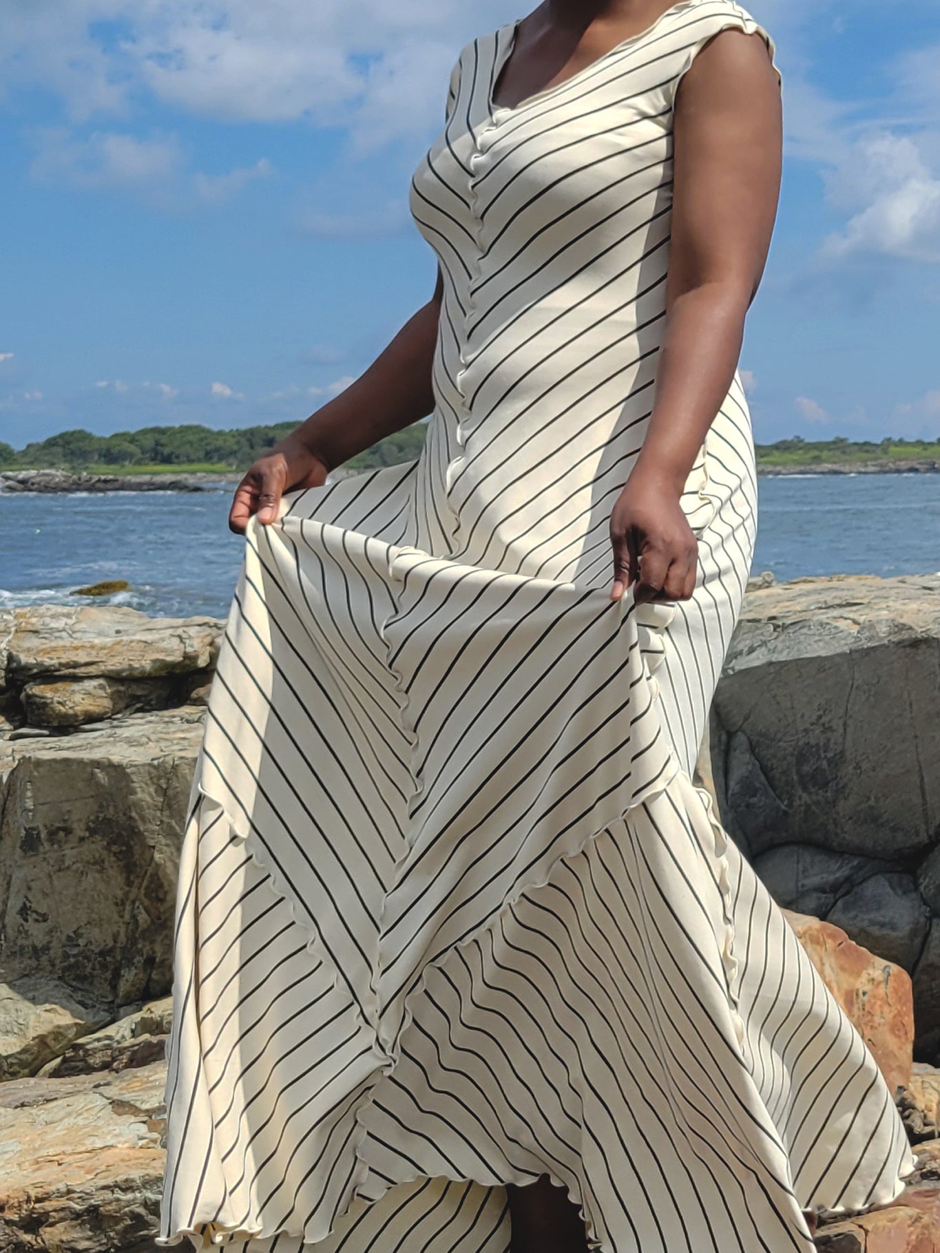 gleam bias vneck gown in yang stripe