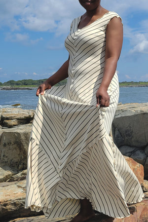 gleam bias vneck gown in yang stripe