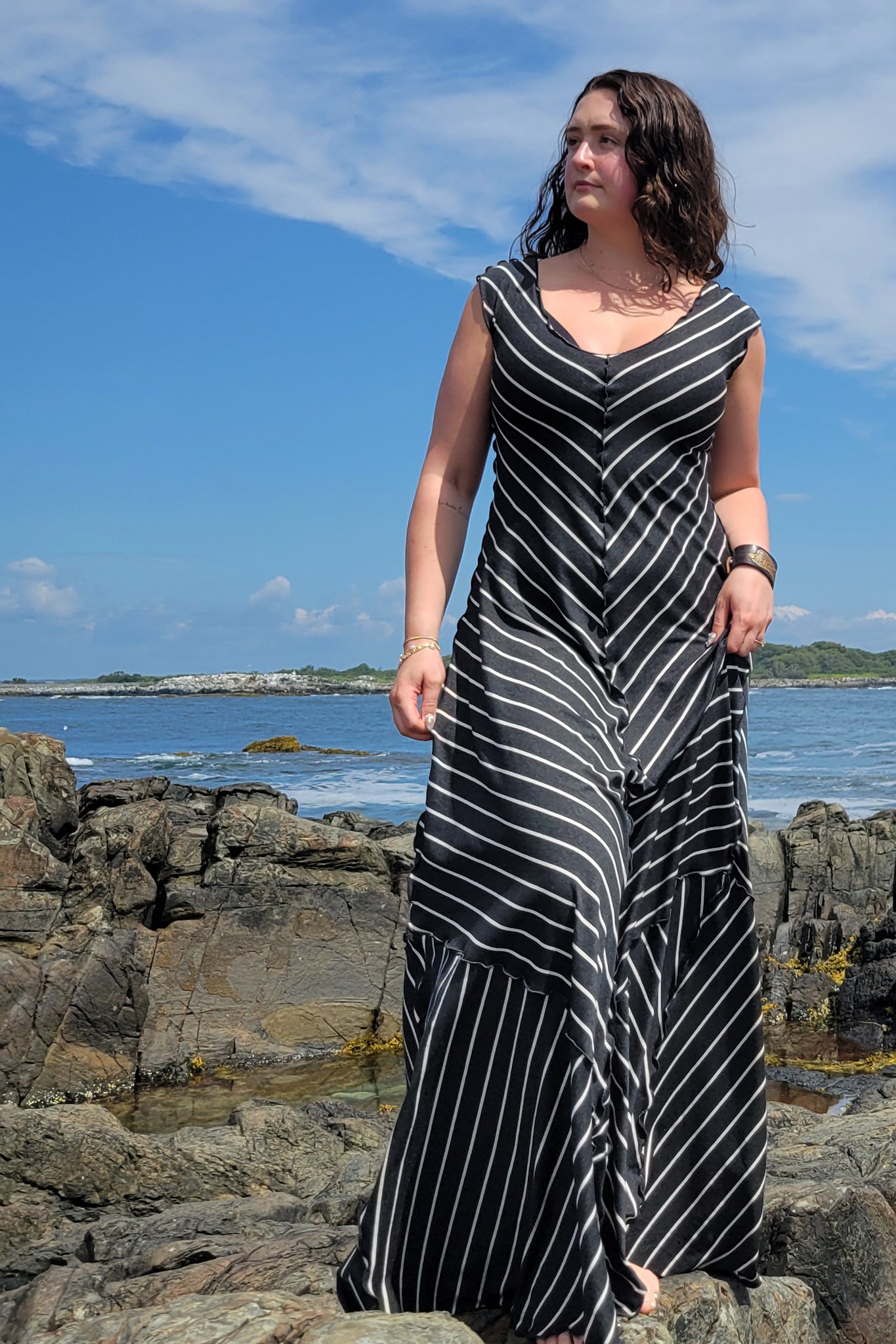 gleam bias vneck gown in yin stripe