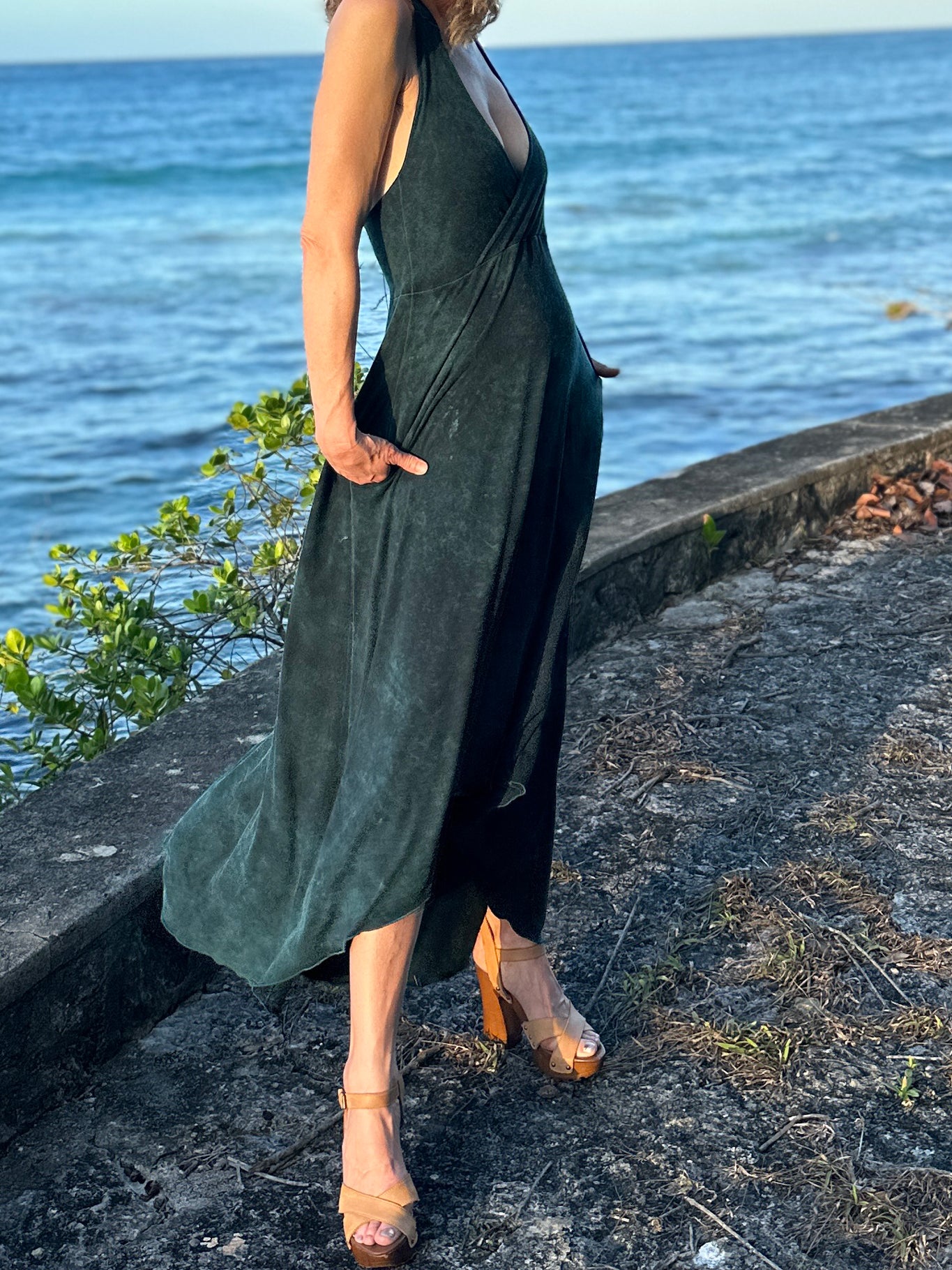 harmony vneck halter dress in blue mineral